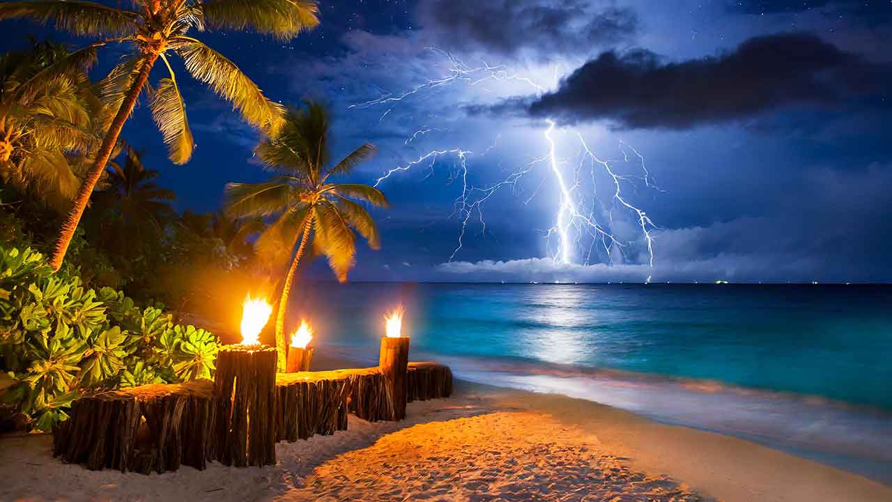 Beach during lightning storm at night